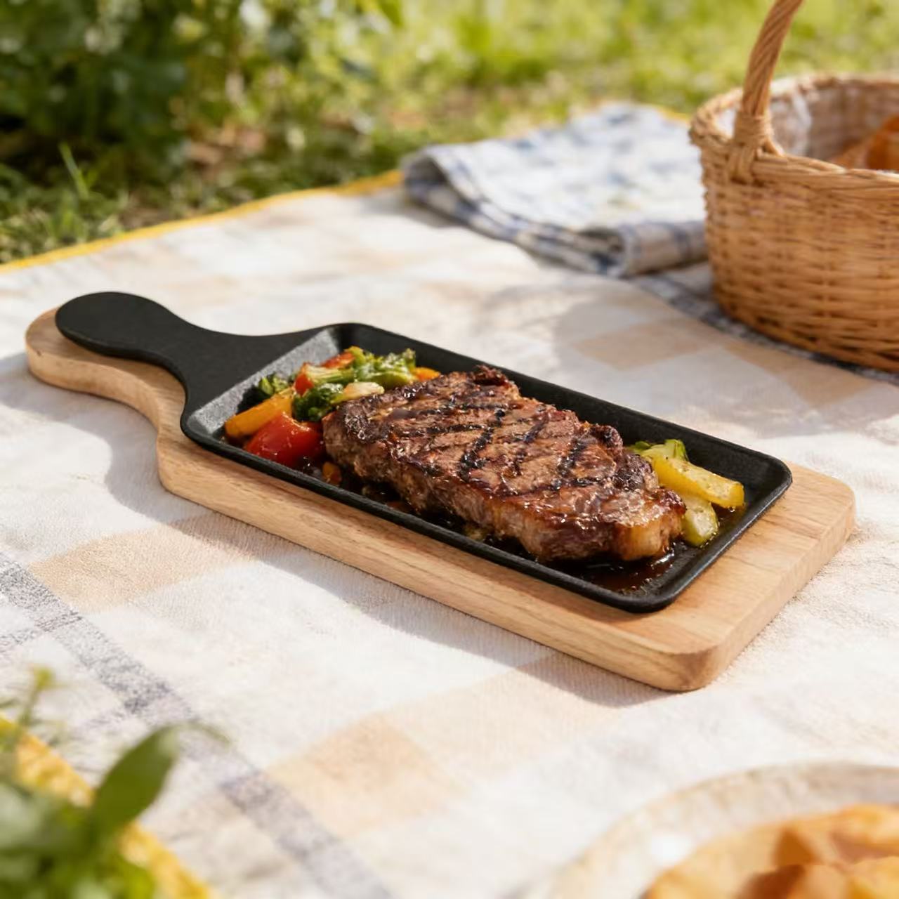 (LLEGANDO 7 DE AGOSTO) Plancha Grill de Hierro Fundido con Base de Madera 45 x 12 cm | Bandeja para Servir y Cocinar | 41502