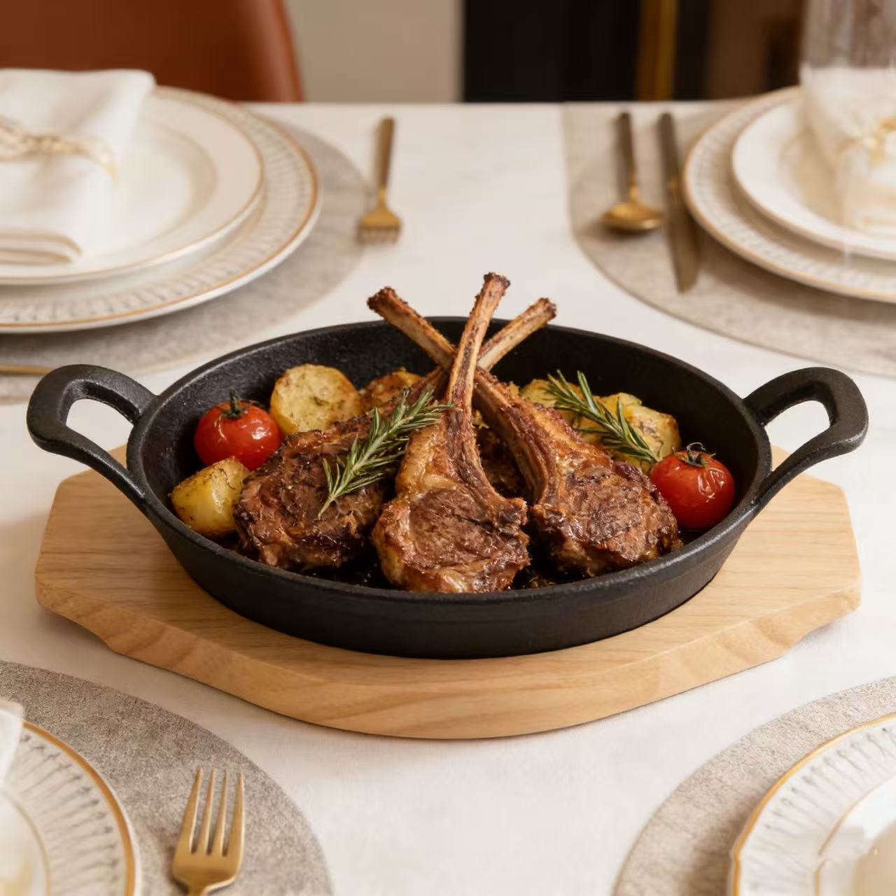 (LLEGANDO 7 DE AGOSTO) Sartén Bandeja Cacerola Redondo de Hierro Fundido 19 cm con Base de Madera | Para Servir y Cocinar | 41504
