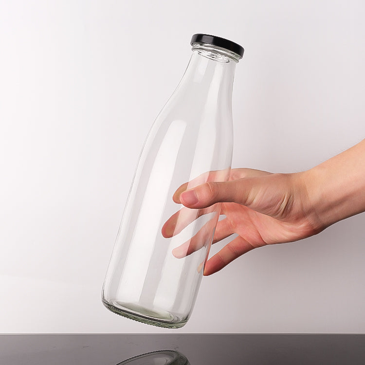 Botella de Vidrio 1000 ml con Tapa Negra para Leche, Agua y Jugos AJ-12594