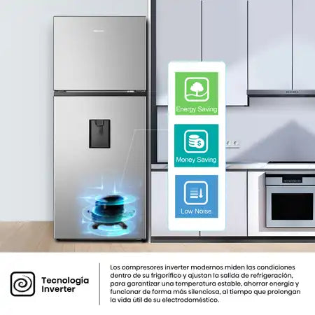 Refrigeradora Top Mount Hisense RT3N375NACA 13.4 Pies³ No Frost con Compresor Inverter, Multi Air Flow y Dispensador de Agua | Acero Inoxidable Nevera.