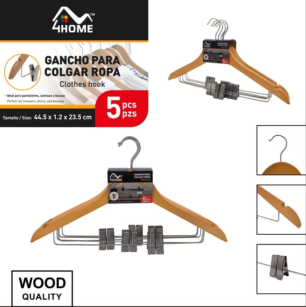 Set 5 Percha de Madera para Ropa con Barra Inferior con Ganchos Clip Home M03-HM-W06 Gancho.