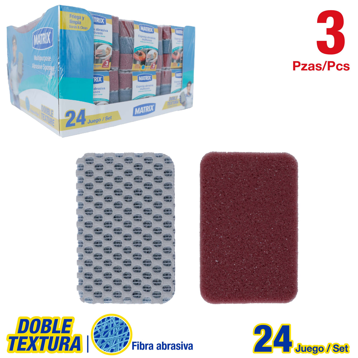 (LLEGANDO 25 DE SEPT) Set de 3 Esponjas Abrasivas Doble Textura Multiuso para Fregar Matrix MT-M15-178P