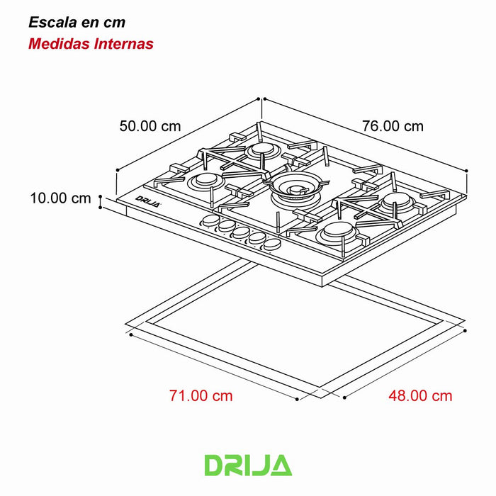 Estufa Empotrable de Acero Inoxidable 304 5 Quemadores Milán 76 Drija