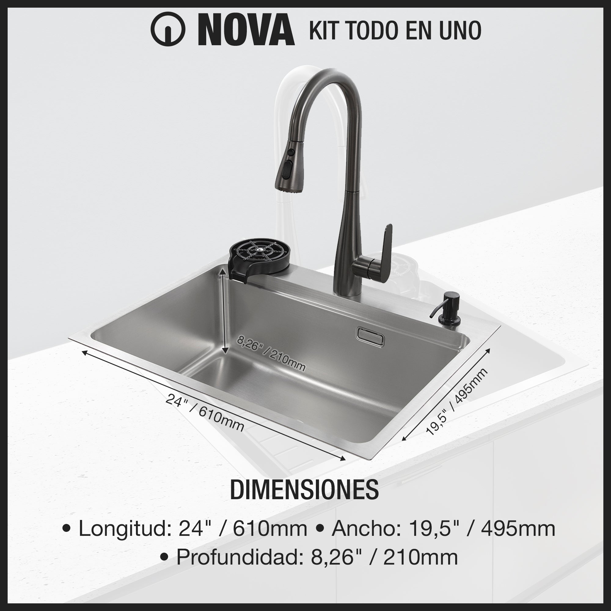 Kit Fregador + Grifo de Acero Inoxidable 304 NOVA-SS Gasco GASCO