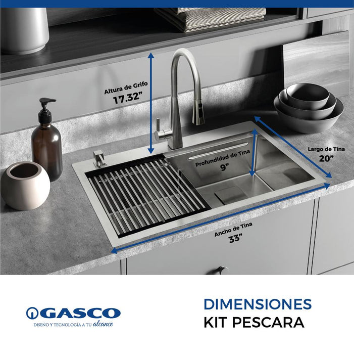 Kit Grifo + Fregador de Acero Inoxidable 2 Tinas Pescara Gasco