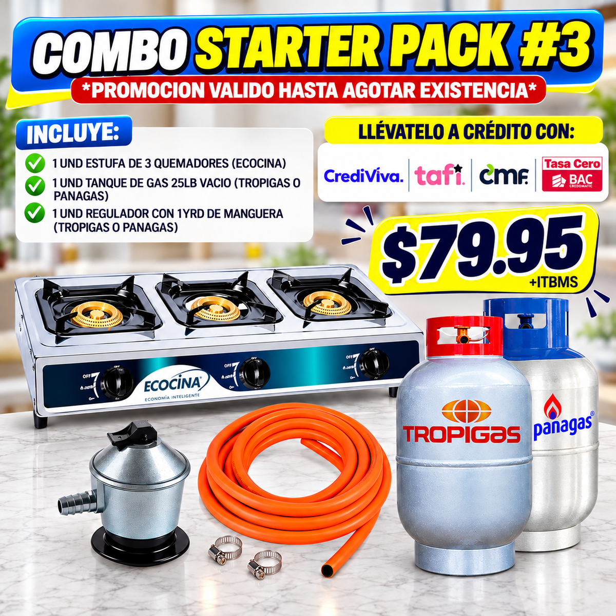 Combo Starter Pack #3 Estufa a Gas Ecocina de 3 Quemadores + Tanque de Gas 25 lb + Regulador y Manguera