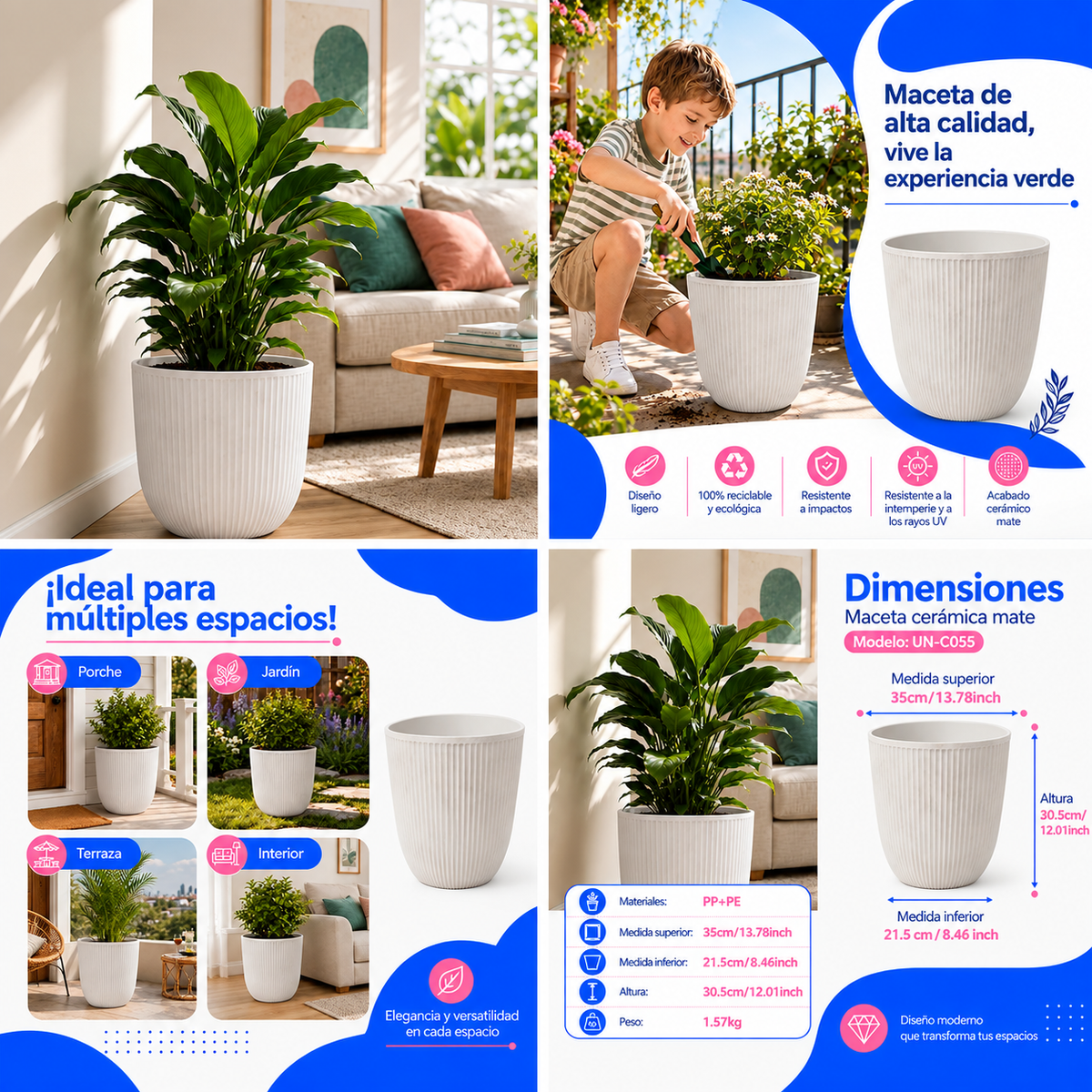 Maceta Decorativa Blanca Con Acabado Cerámico Mate Para Interior Y Exterior D35*H30.5Cm Resistente A Rayos UV. UN-C055