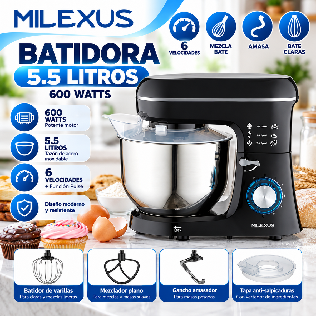 Batidora de Pedestal Milexus 5.5 Litros 600W con Bowl de Acero Inoxidable Negra ML-MB-1417B