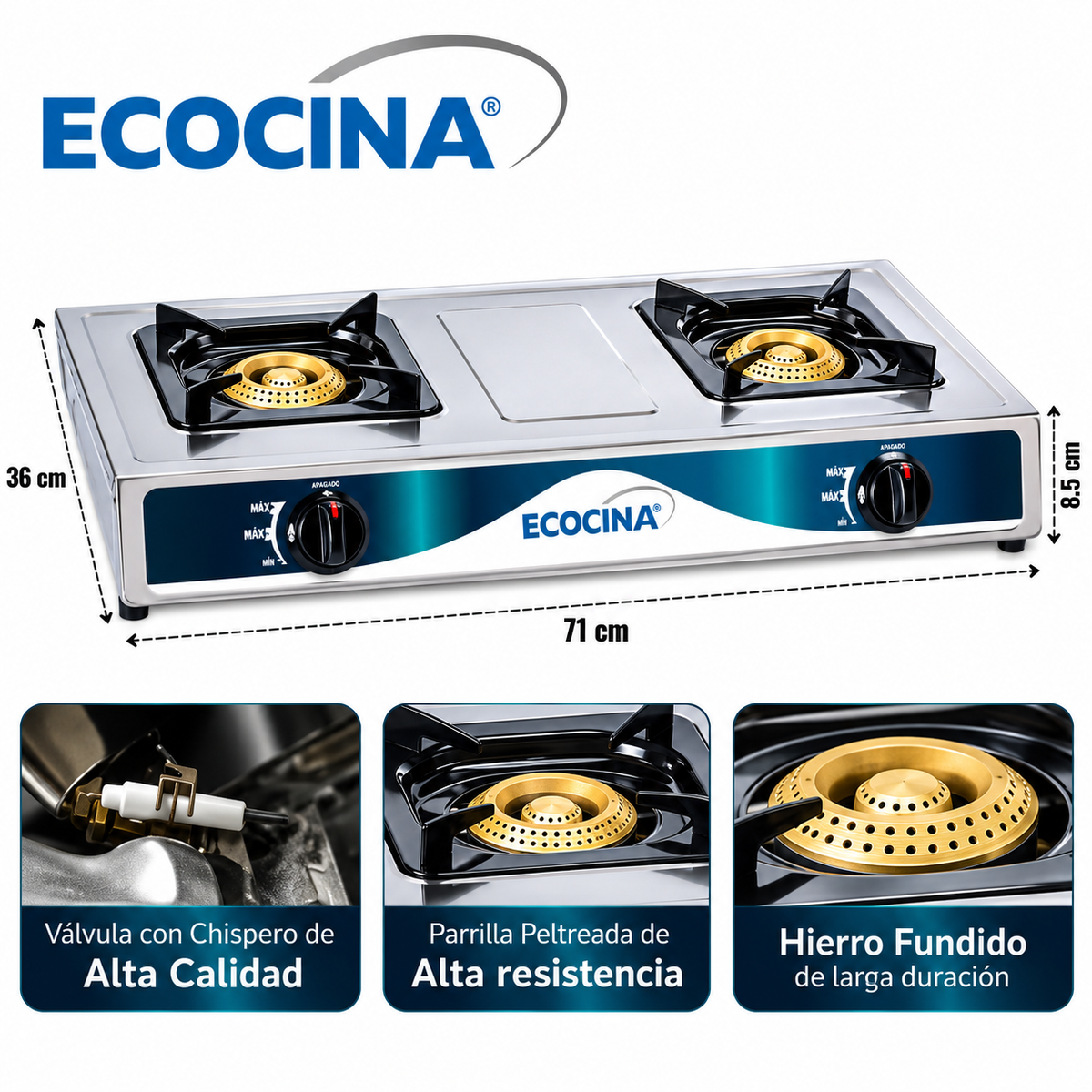 Estufa de Mesa Ecocina de 2 Quemadores a Gas LPG en Acero Inoxidable con Quemadores de Hierro Fundido QH-A2