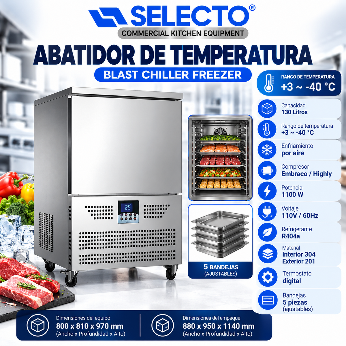 (LLEGANDO 20 DE OCTUBRE) Abatidor de Temperatura Industrial Blast Chiller Freezer 130 Litros 5 Bandejas -40°C BLAST-05
