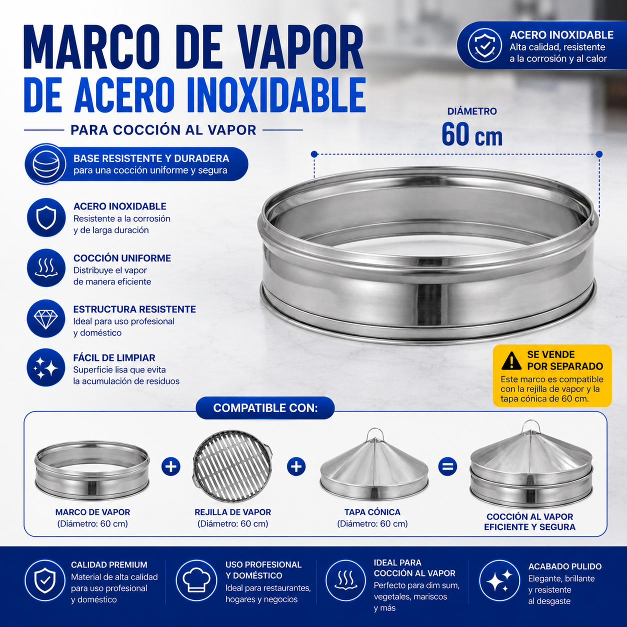(LLEGANDO 30 DE SEPT) Marco Extensión para Vaporera Dim Sum de Acero Inoxidable 60cm | Compatible con 9006 | Dim Sam |9006-E