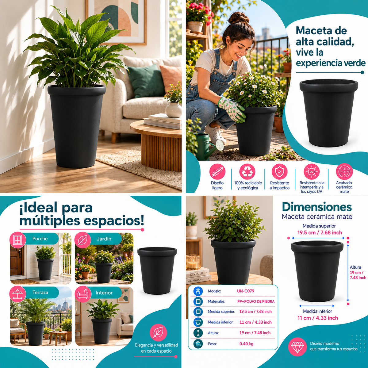 Maceta Decorativa Negra Con Borde Redondeado Y Acabado Cerámico Mate Para Interior Y Exterior D19.5*H19cm Resistente A Rayos UV. UN-C079