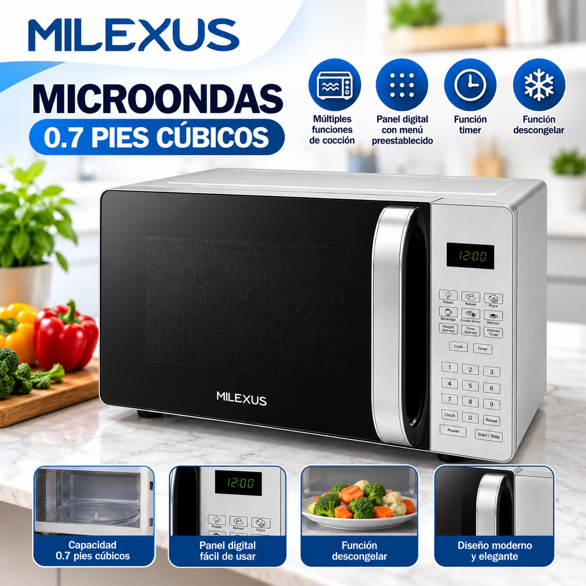 Microondas Digital Milexus 0.7 Pies Cúbicos 110V con Panel Digital ML-MO.0.7CU FT-110V