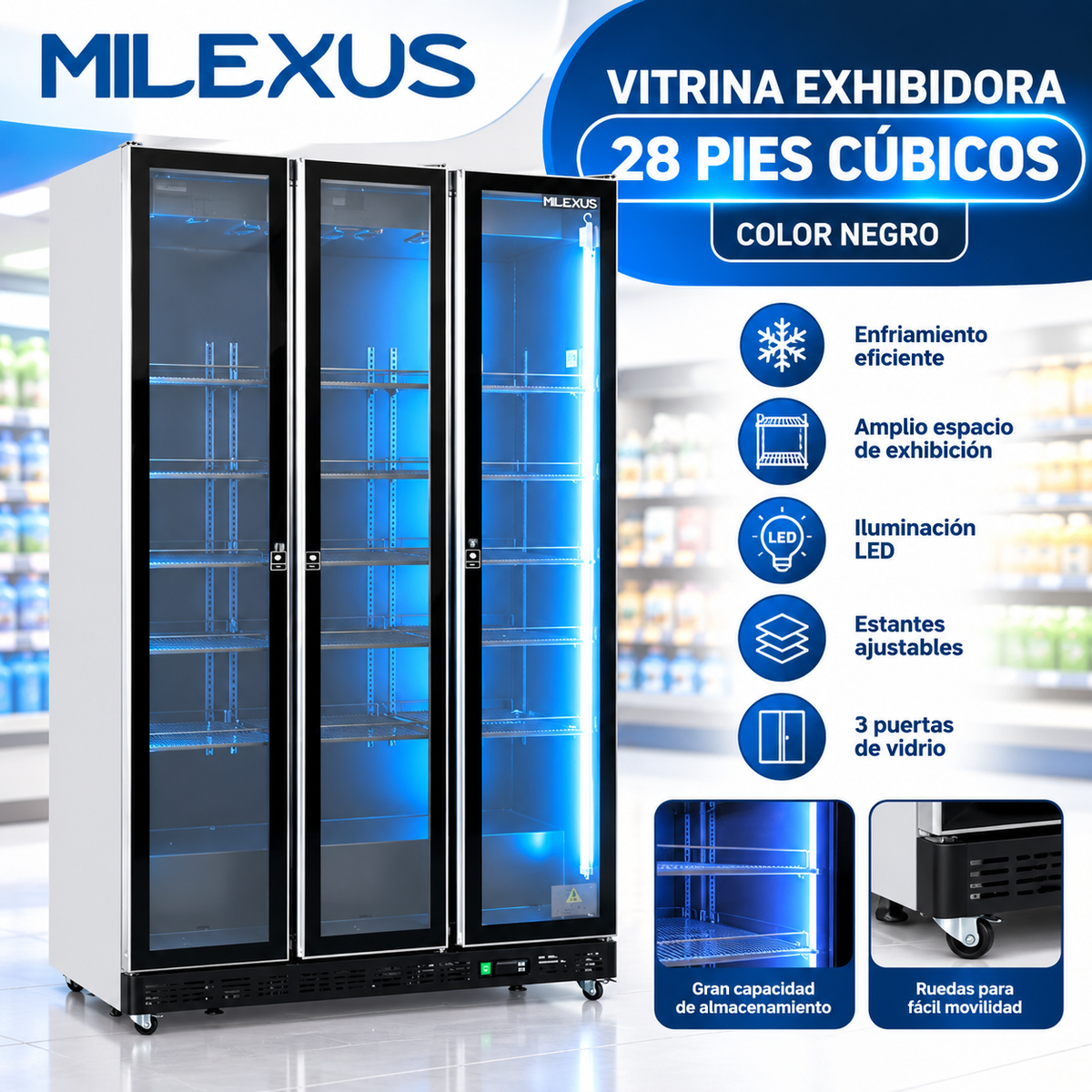 Vitrina Exhibidora Refrigerada para Bebidas Comercial Milexus 28 Pies Cúbicos 3 Puertas de Vidrio Negra ML-ED-790L.
