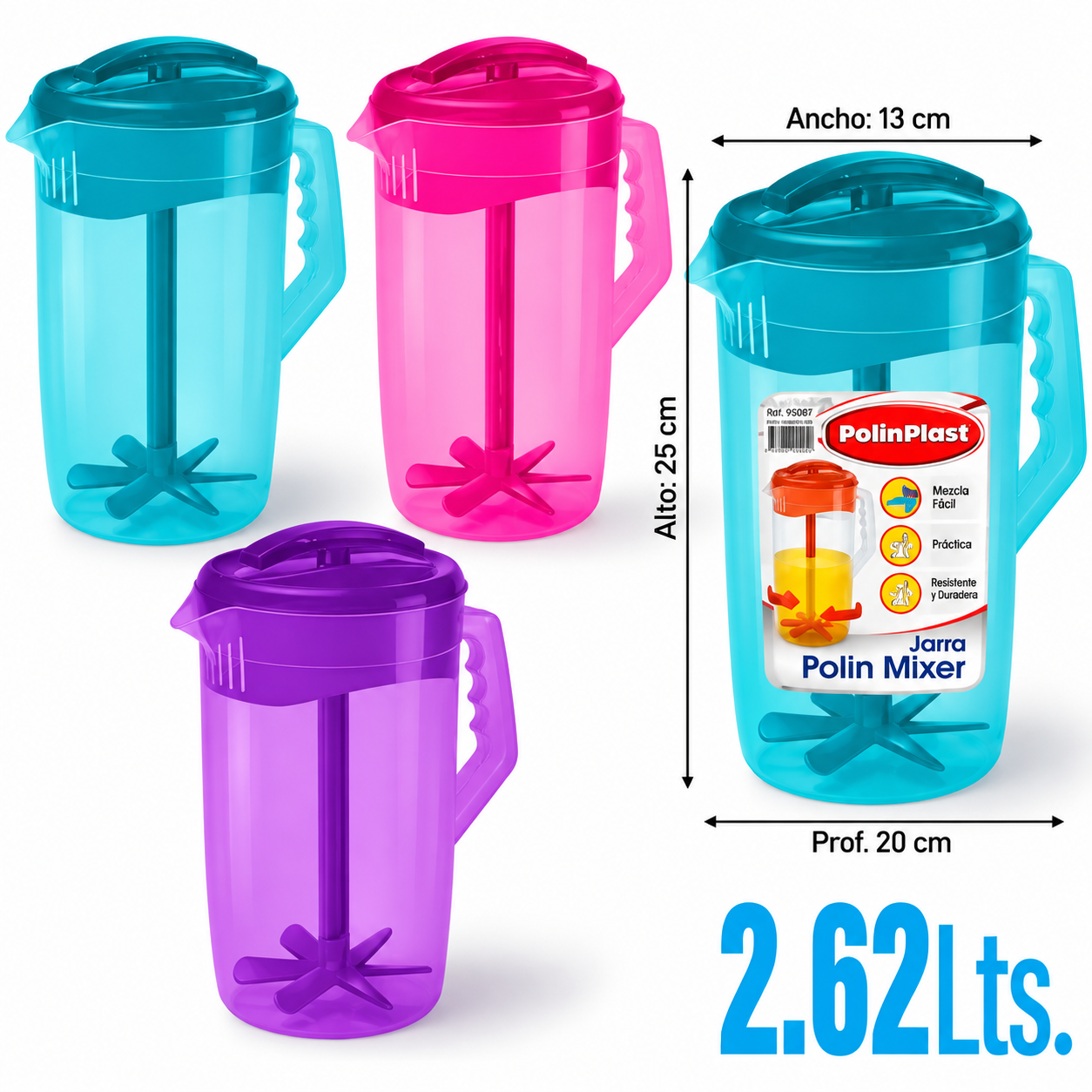 Jarra Plástica de 2.5L Traslucida 3 Colores Disponibles Polinplast 175-038