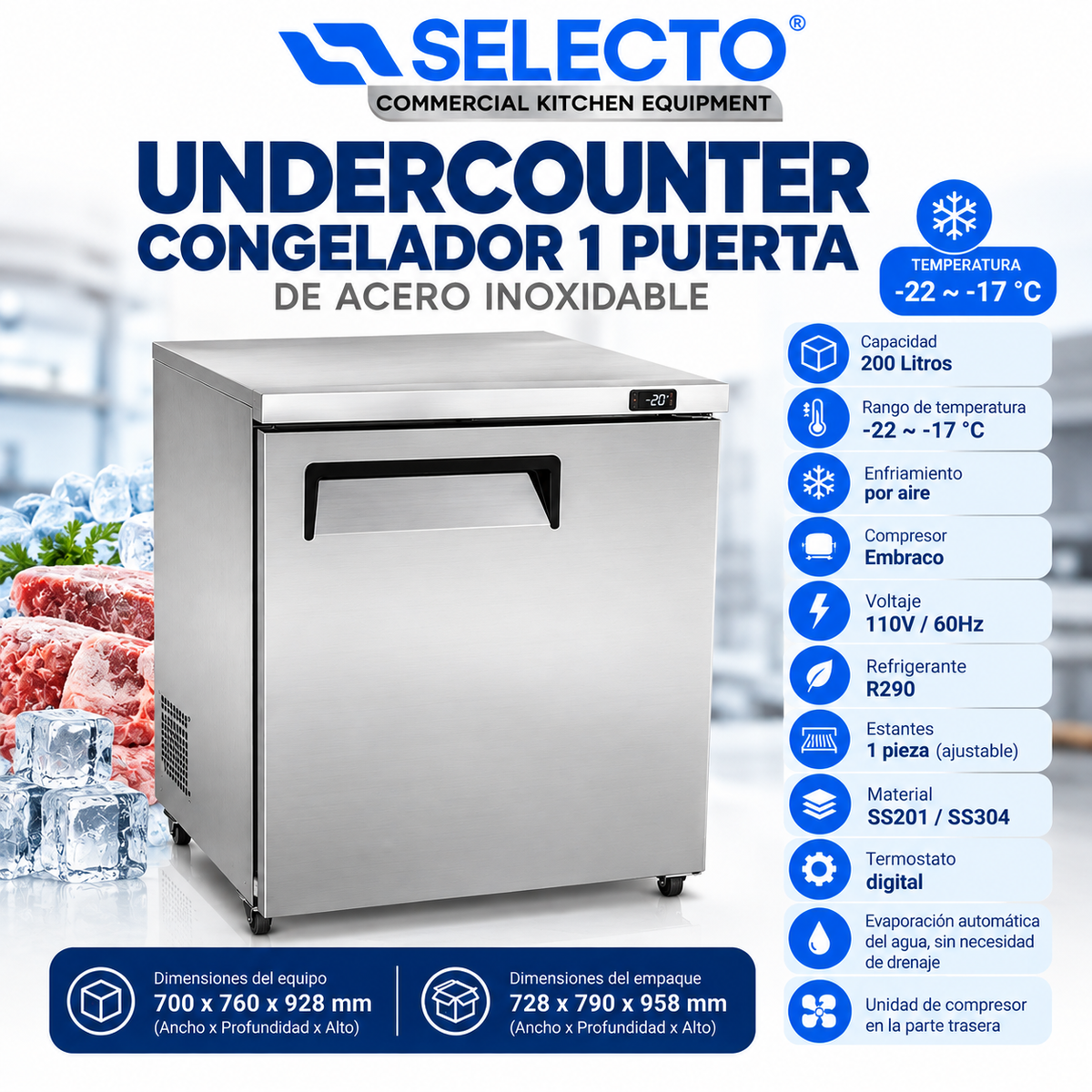 (LLEGANDO 20 DE OCTUBRE) Congelador Undercounter Industrial de 1 Puerta 200 Litros Acero Inoxidable UNDF-01