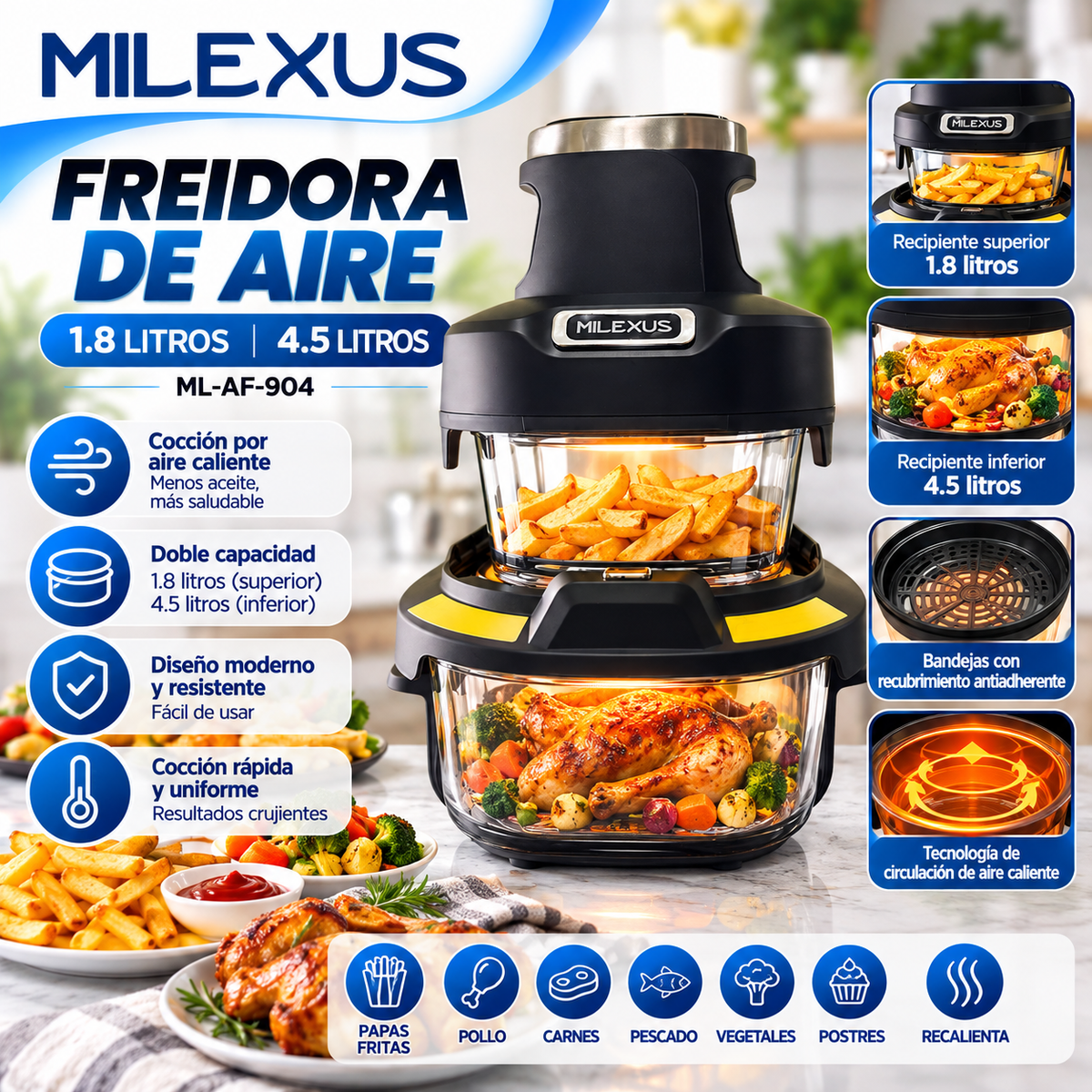 Freidora de Aire Milexus de Doble Recipiente 1.8 L + 4.5 L ML-AF-904