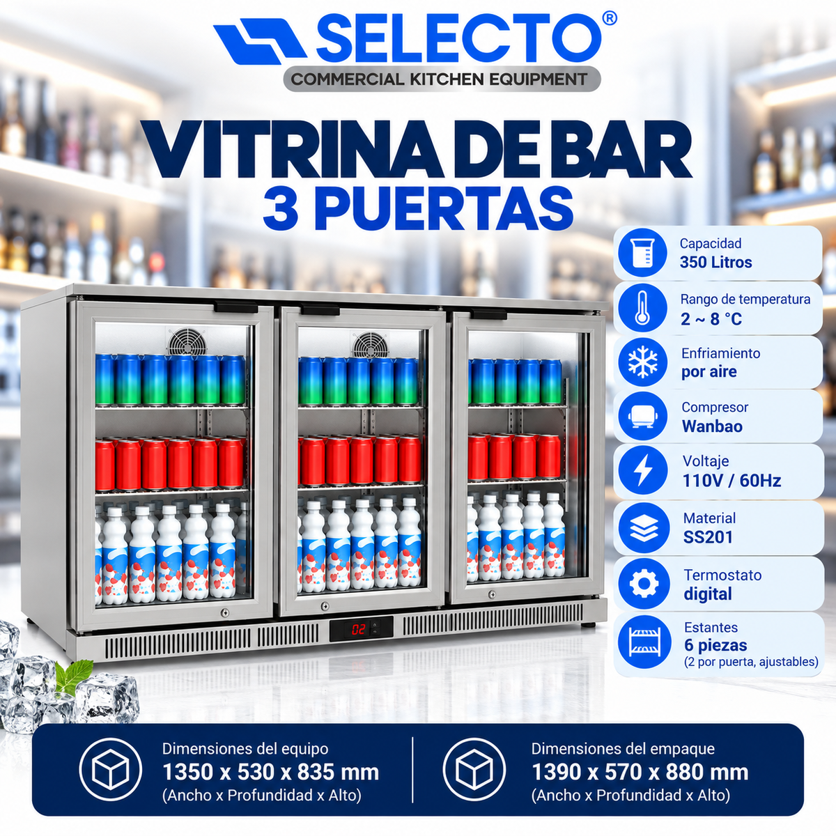 (LLEGANDO 20 DE OCTUBRE) Nevera Vitrina de Bar Refrigerada 3 Puertas de Vidrio 350 Litros Acero Inoxidable BAR-SS03
