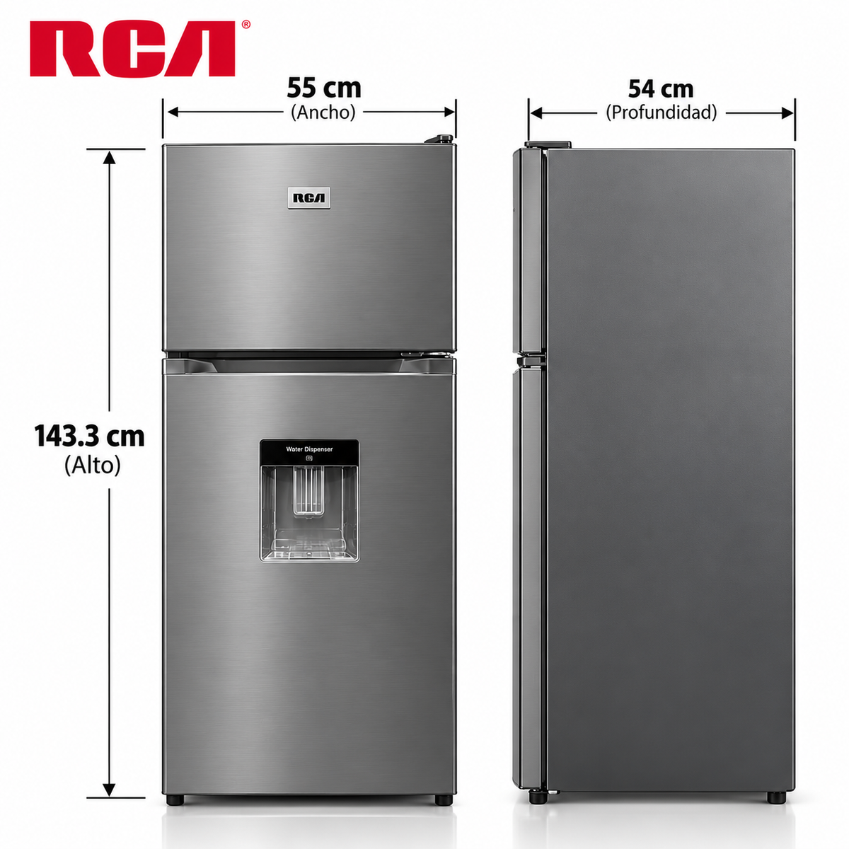Refrigeradora Nevera RCA Top Mount 7.5 Pies³ con Dispensador de Agua, Defrost y Acero Inoxidable RCDR75WD