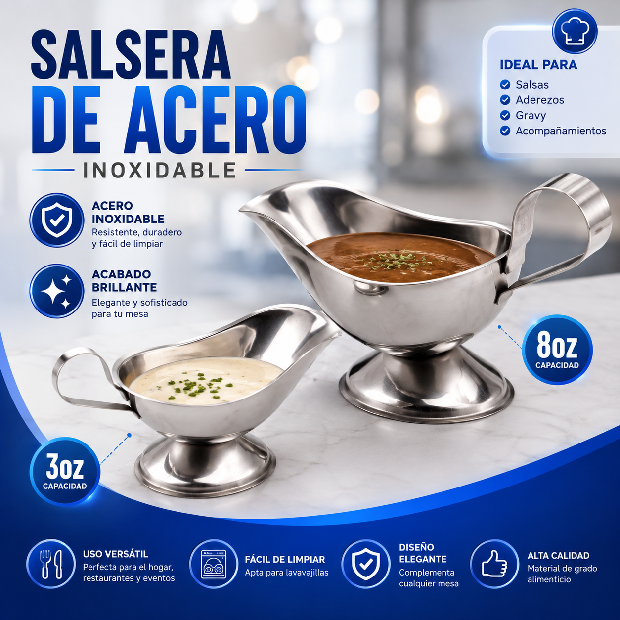 (LLEGANDO 30 DE SEPT) Salsera de Acero Inoxidable para Salsas y Aderezos | 2 Capacidades Disponibles | 3oz 604401 | 8oz 604403