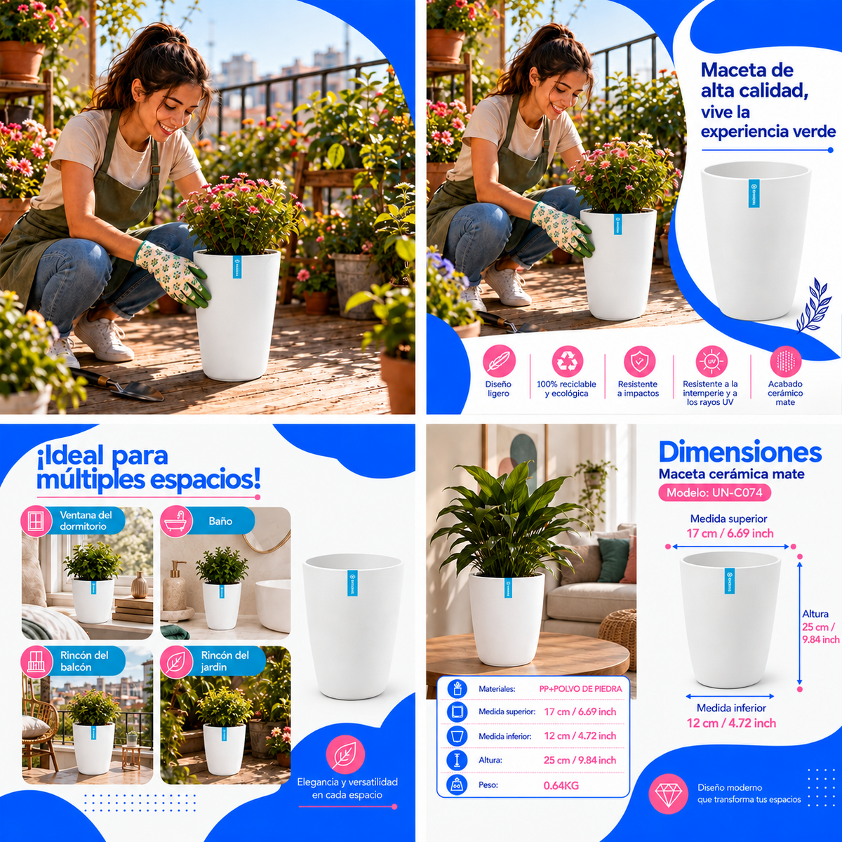 Maceta Alta Decorativa Blanca Con Acabado Cerámico Mate Para Interior Y Exterior D17*H25cm Resistente A Rayos UV. UN-C074