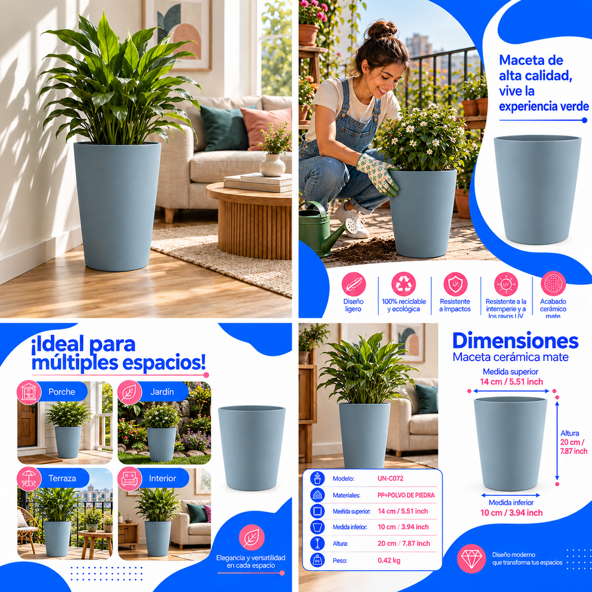 Maceta Alta Decorativa Gris Oscuro Con Acabado Cerámico Mate Para Interior Y Exterior D14*H20cm Resistente A Rayos UV. UN-C073