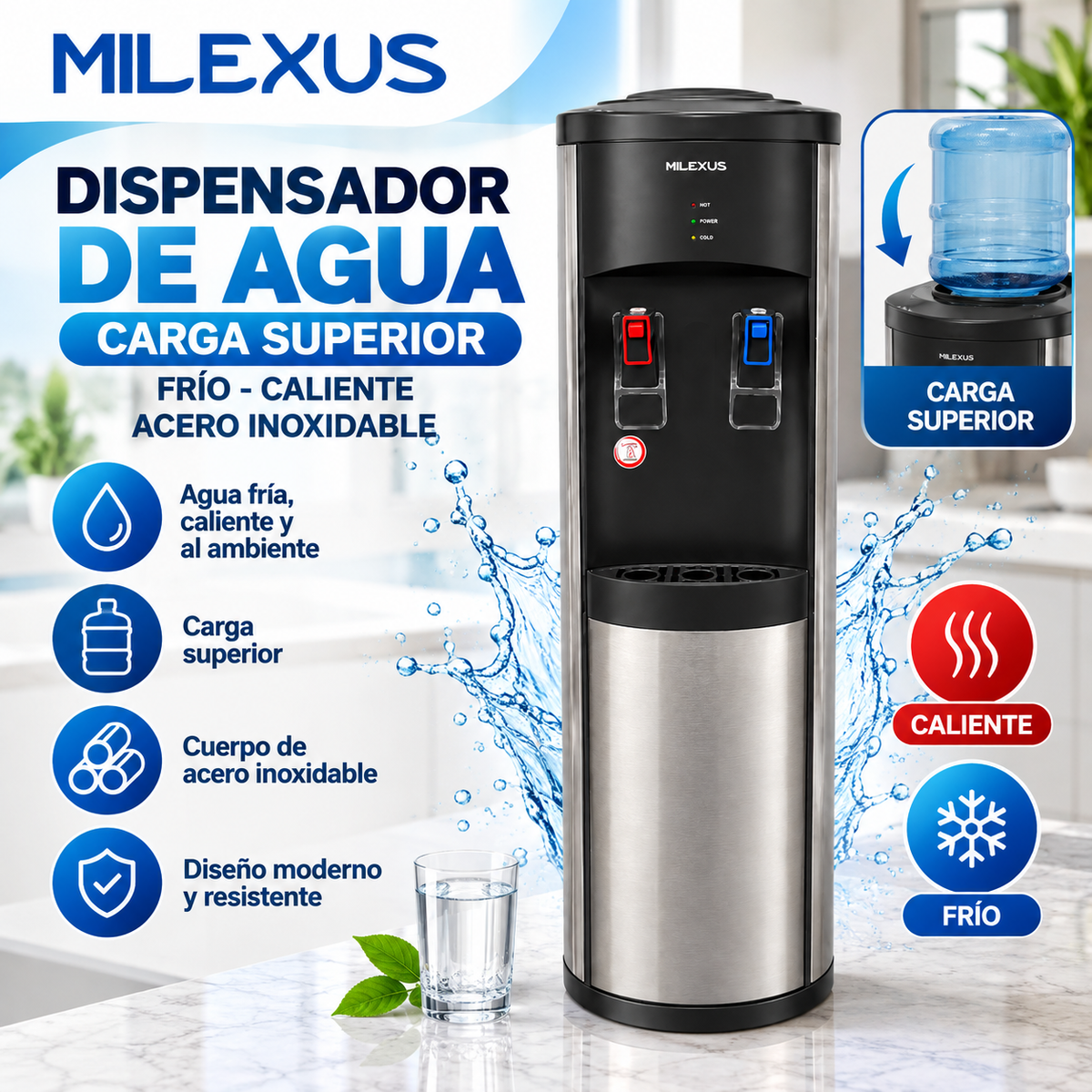 Dispensador de Agua en Garrafón Milexus de Carga Superior Frío y Caliente en Acero Inoxidable 110V ML-INOX-WD-B88-110V
