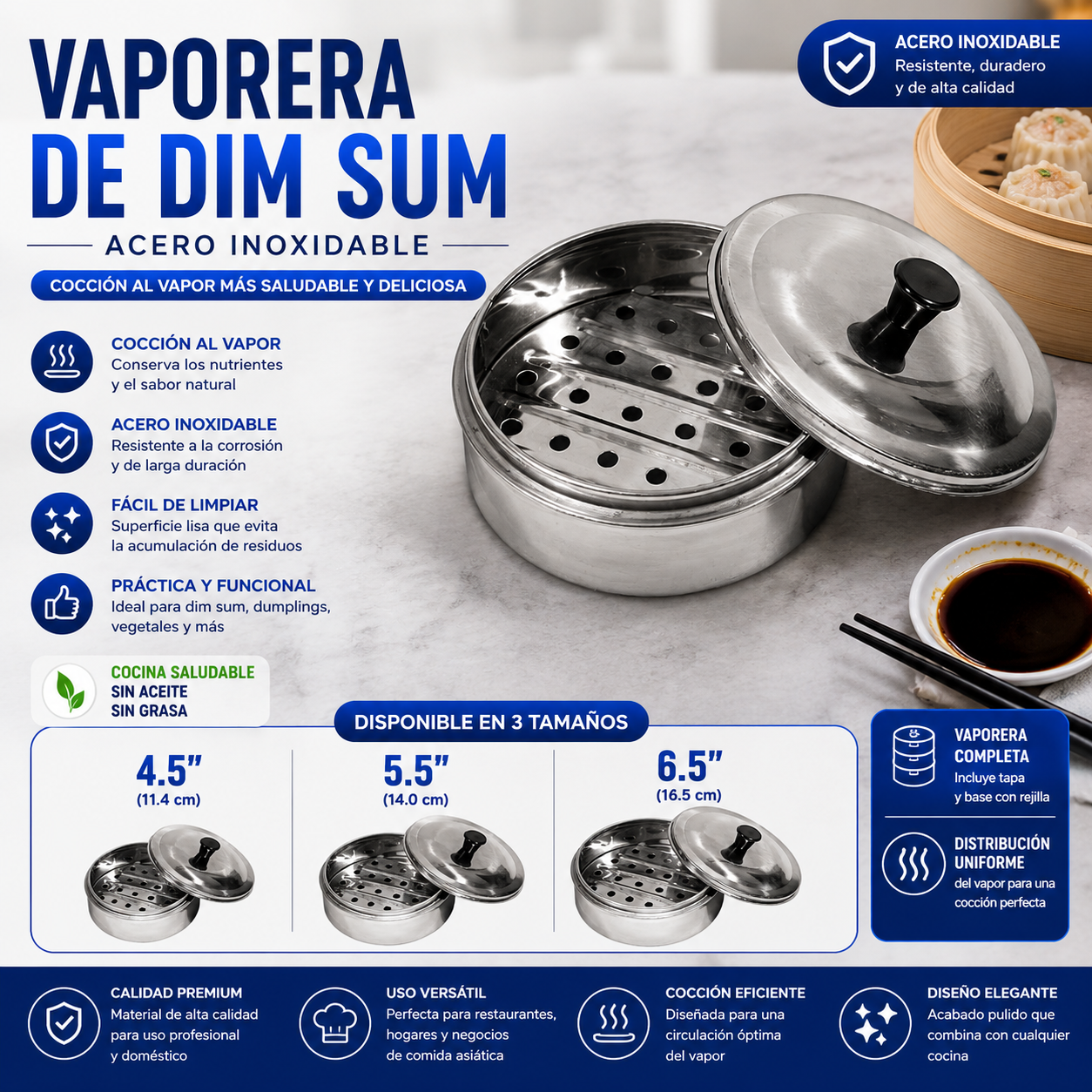 (LLEGANDO 30 DE SEPT) Vaporera Platitos para Dim Sum de Acero Inoxidable con Tapa y Rejilla | 3 Tamaños Disponibles | 4.5" 8001 | 5.5" 8002 | 6.5" 8003