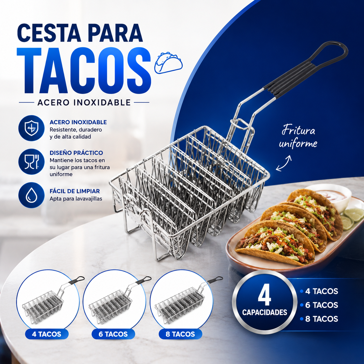 (LLEGANDO 30 DE SEPT) Cesta Canasta Freidora para Tacos de Acero Inoxidable | 4 Capacidades Disponibles | 4 Tacos HVB04-V | 6 Tacos HVB06-V | 8 Tacos HVB08-V