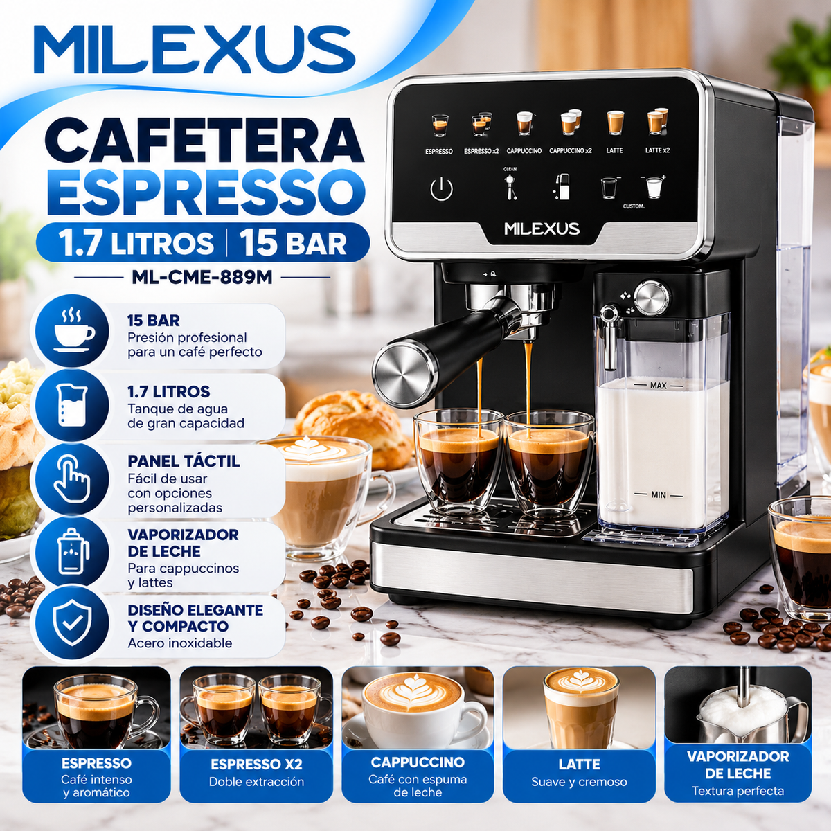 Cafetera Espresso Milexus 1.7 Litros 15 Bar con Espumador de Leche y Panel Digital ML-CME-889M
