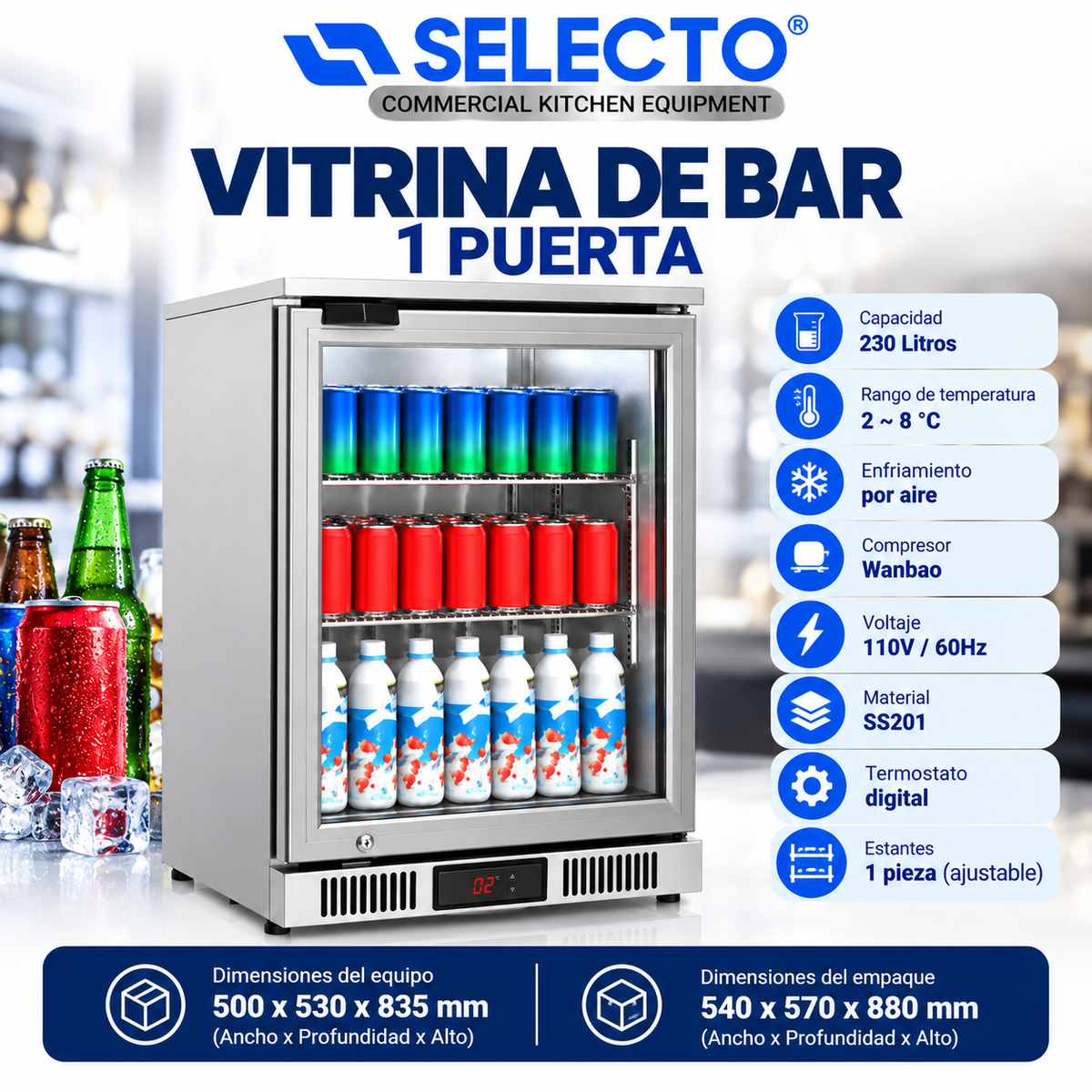(LLEGANDO 20 DE OCTUBRE) Nevera Vitrina Bar Refrigerada de 1 Puerta de Vidrio 230 Litros Acero Inoxidable BAR-SS01