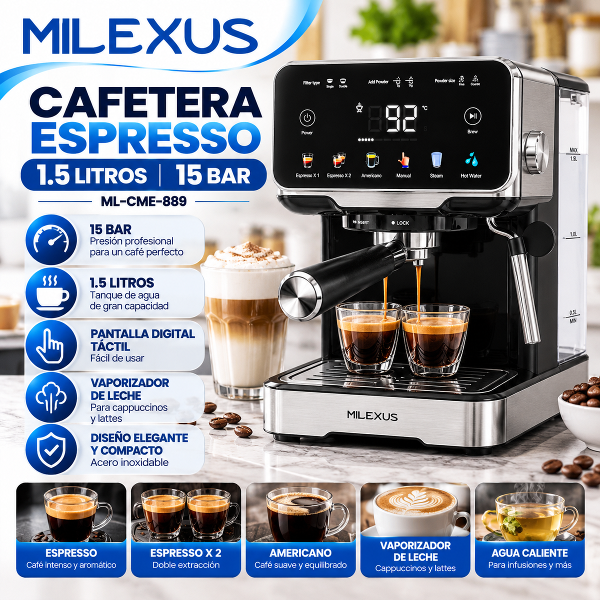 Cafetera Espresso Milexus 1.5 Litros 15 Bar con Pantalla Digital y Espumador de Leche ML-CME-889