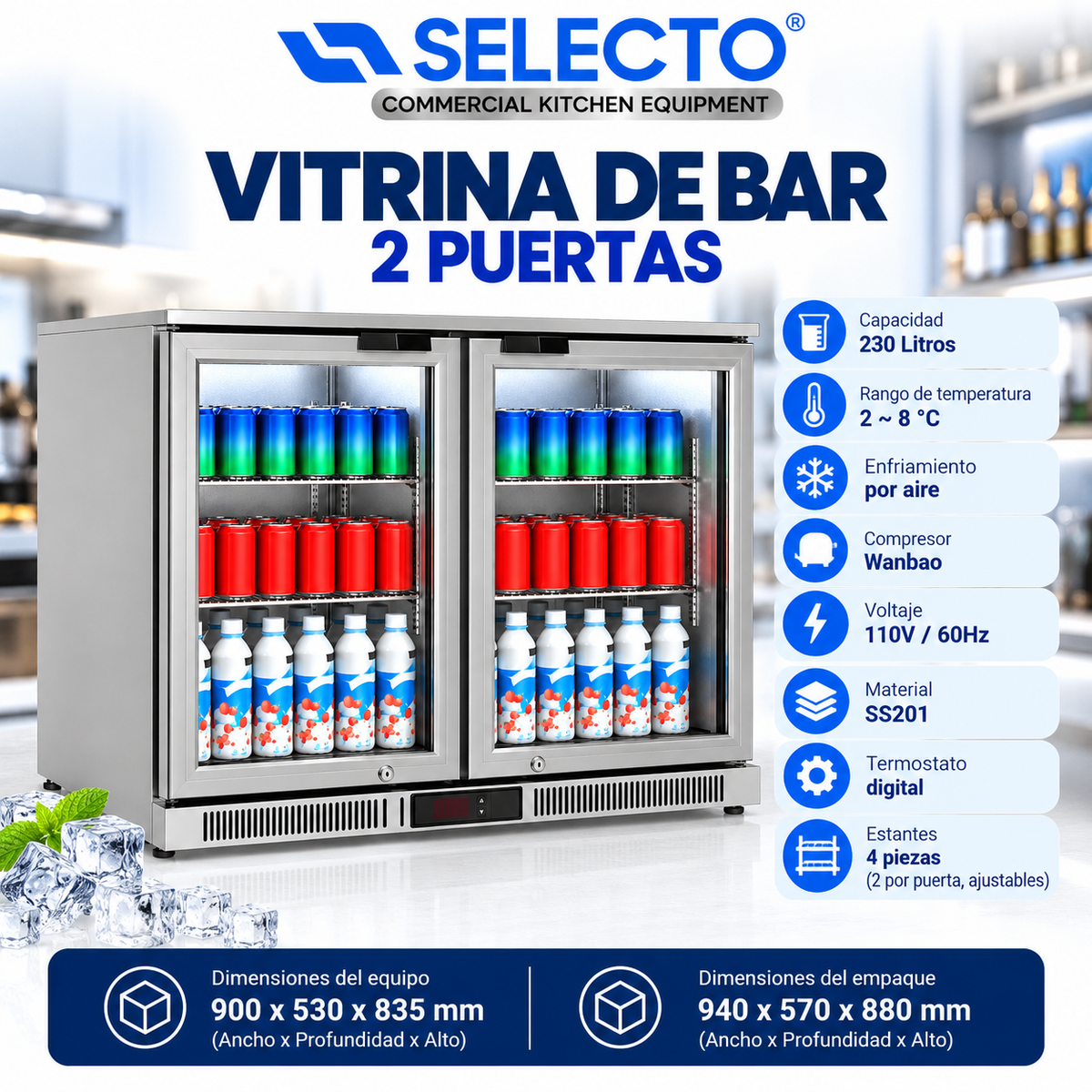 (LLEGANDO 20 DE OCTUBRE) Nevera Vitrina de Bar Refrigerada 2 Puertas de Vidrio 230 Litros Acero Inoxidable BAR-SS02