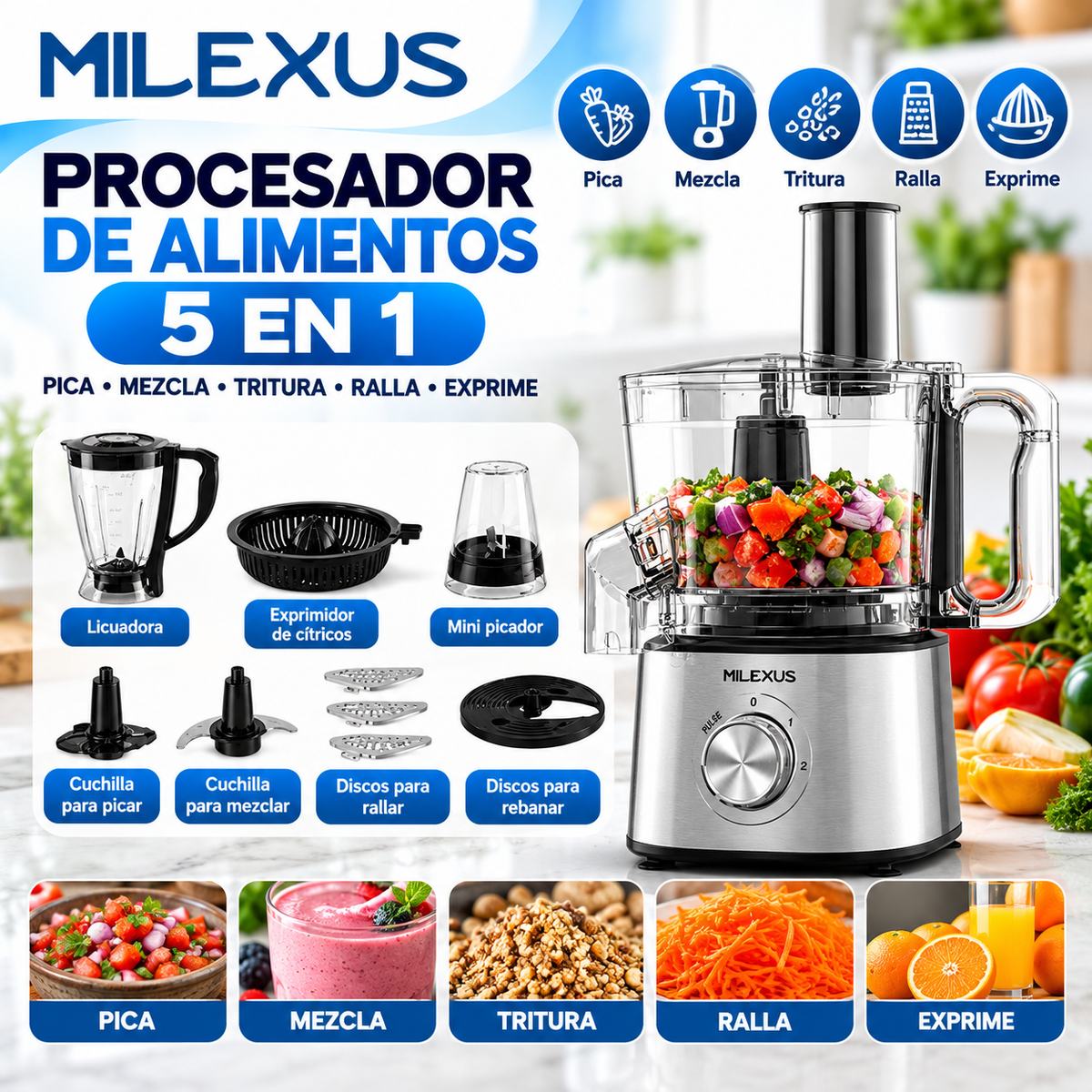 Procesador de Alimentos Multifunción 5 en 1 Milexus con Licuadora, Picador y Accesorios ML-PA-701.