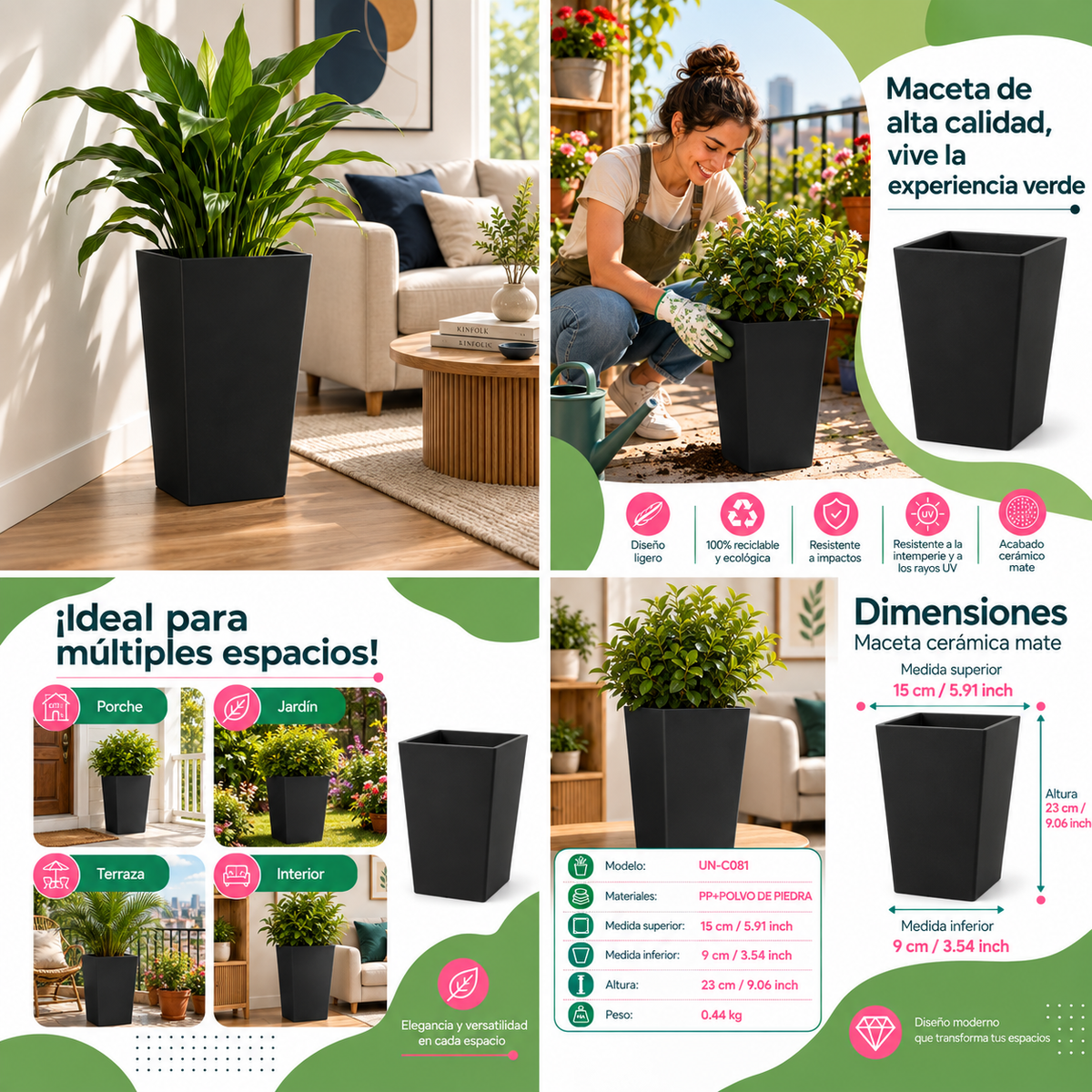 Maceta Decorativa Cuadrada Negra Con Acabado Cerámico Mate Para Interior Y Exterior L15*H23cm Resistente A Rayos UV.  UN-C081