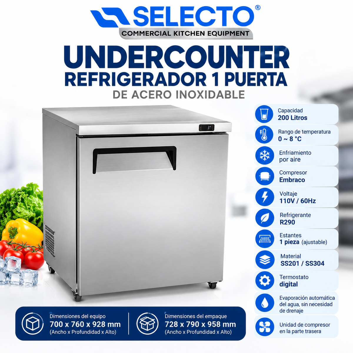 (LLEGANDO 20 DE OCTUBRE) Refrigerador Undercounter Mesa Refrigerada Industrial de 1 Puerta 200 Litros Acero Inoxidable UNDR-1