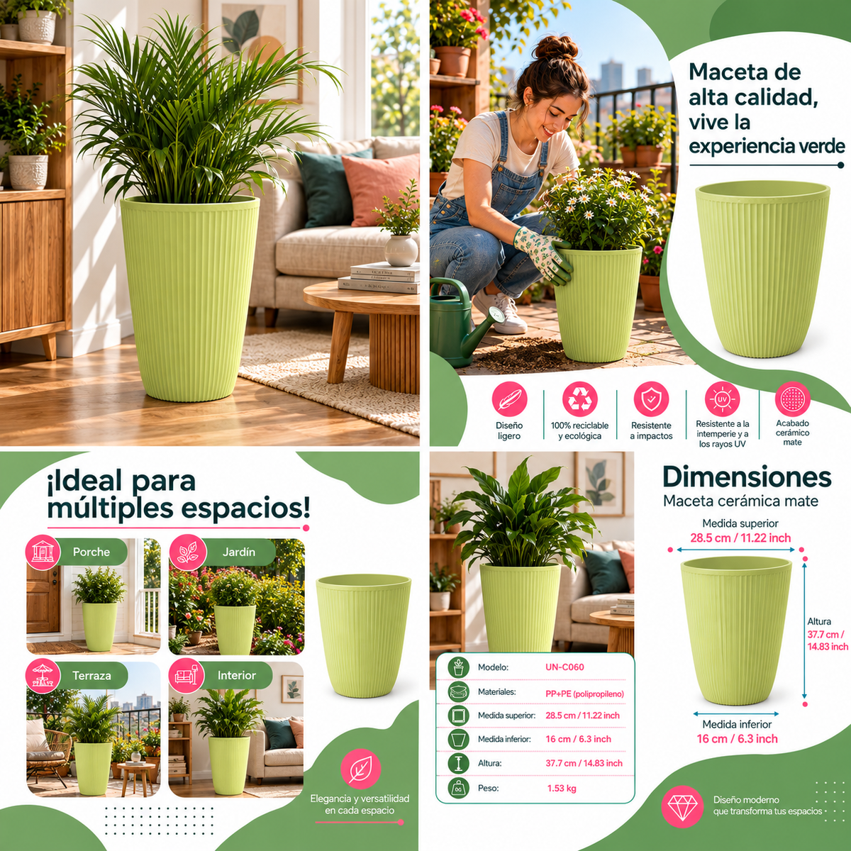 Maceta Alta Decorativa Beige Con Acabado Cerámico Mate Para Interior Y Exterior D28.5*H37.7Cm Resistente A Rayos UV. UN-C060