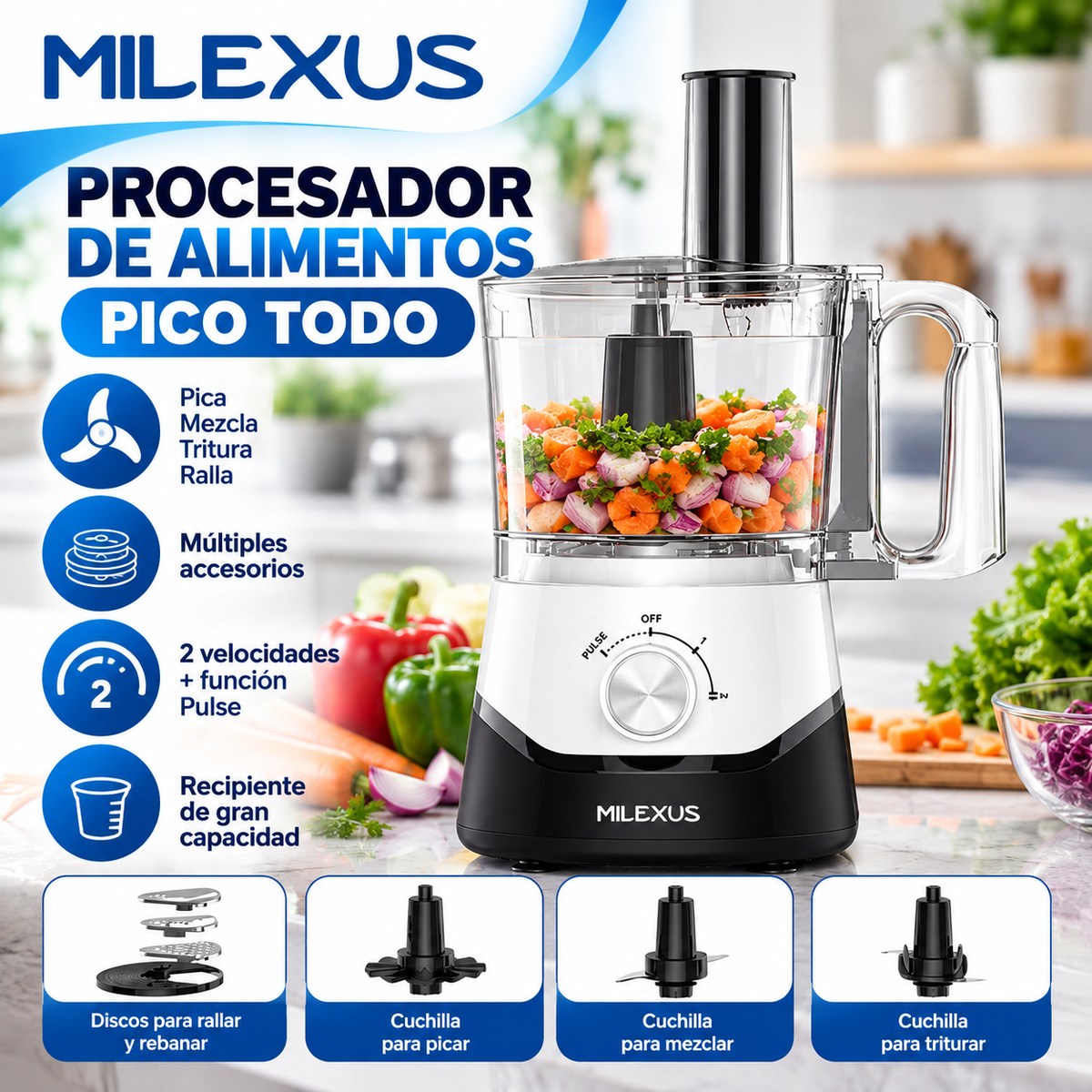 Procesador de Alimentos y Picatodo Eléctrico Milexus con Múltiples Cuchillas ML-PA-701