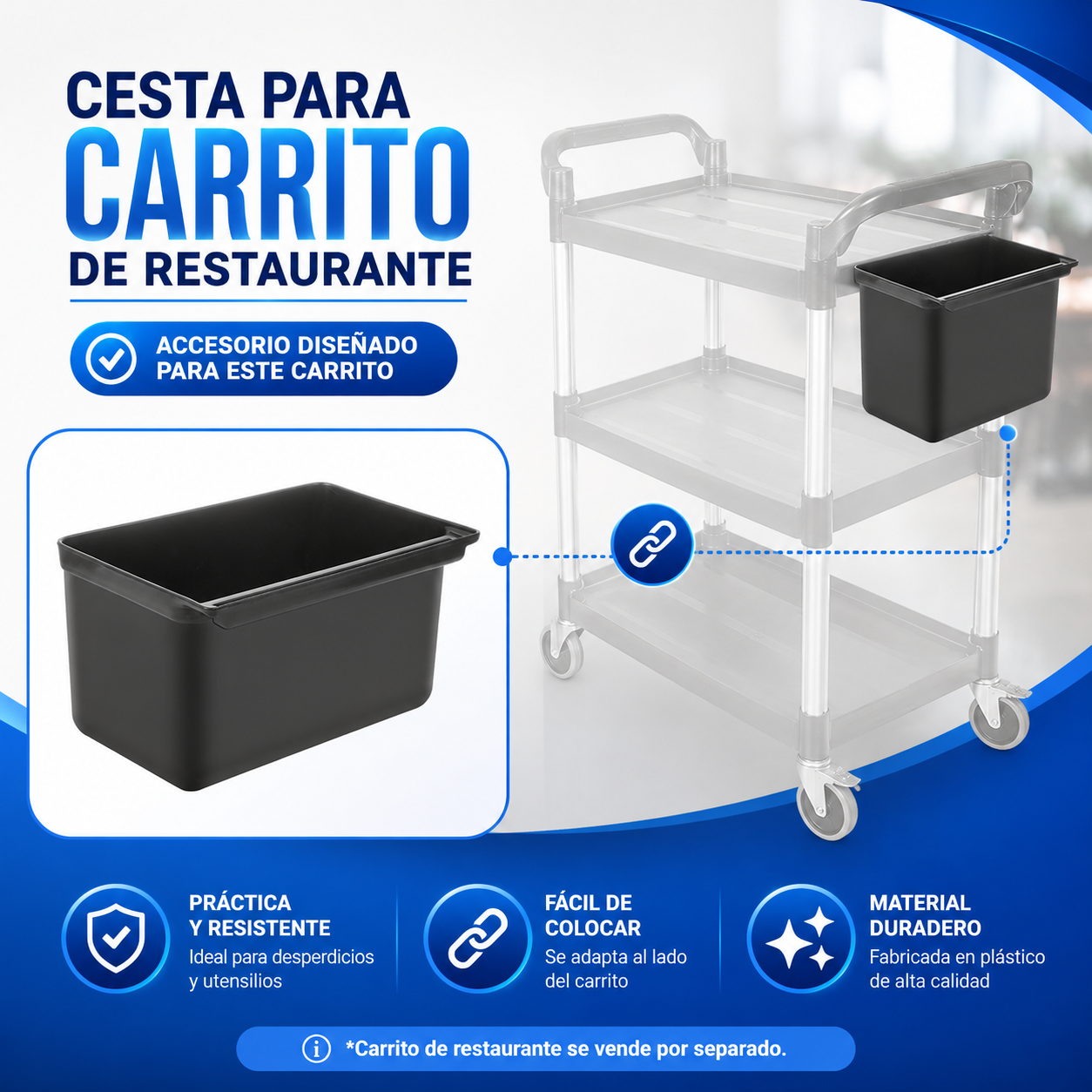 (LLEGANDO 30 DE SEPT) Cesta Contenedor Tinaco Plástico Negro para Carrito de Restaurante Accesorio para HVB805001 | 805022 *No Incluye el carrito*