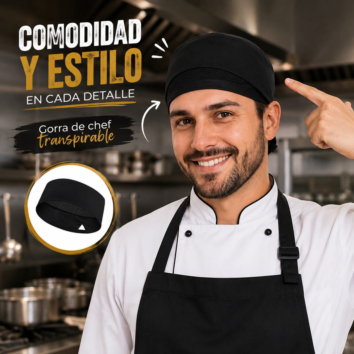 (LLEGANDO 30 DE SEPT) Gorra para Chef Unisex de Poliéster y Algodón – Gorro de Cocina Profesional Transpirable, Talla Adulto, Color Negro 10892