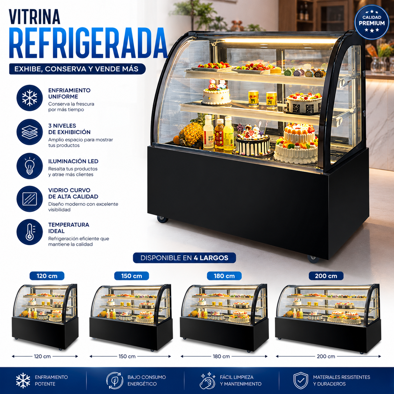 (LLEGANDO 30 DE SEPT) Vitrina Refrigeradora Exhibidor Comercial para Dulce Pastel Repostería Curvo Negro 110V | 4 Largos Disponibles | 120cm HVB-1200H | 150cm HVB-1500H | 180cm HVB-1800H | 200cm HVB-2000H