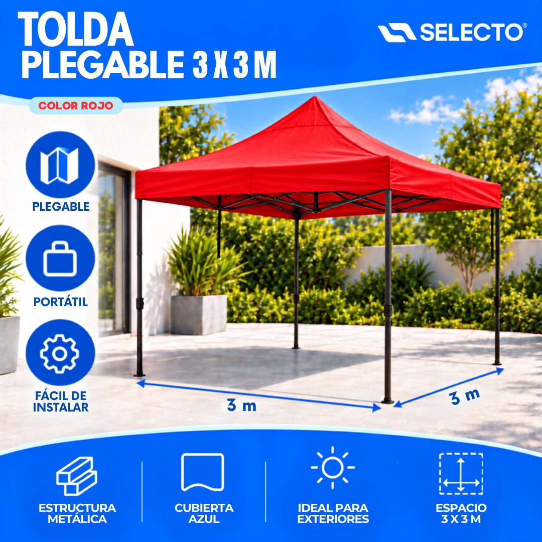 Tolda Carpa Plegable Gazebo 3x3 Metros Roja Portátil para Exteriores HS-PTJG-033RD