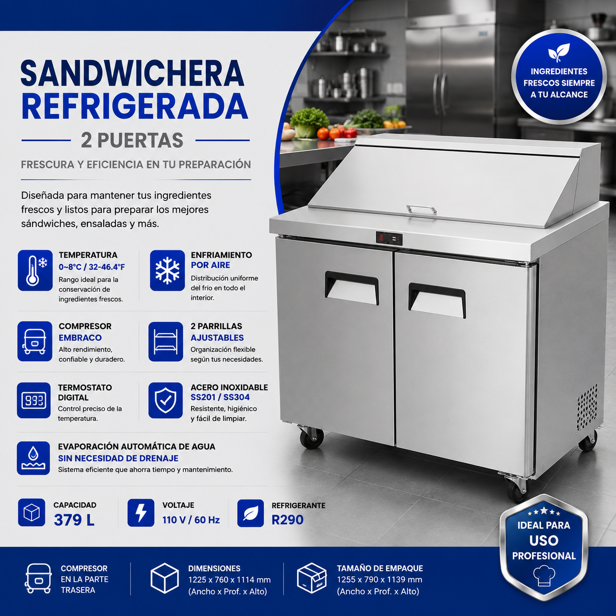 Mesa Estándar Sandwichera Refrigerada 2 Puertas 379L Acero Inoxidable Salad prep. Sandwich. SANDR-02