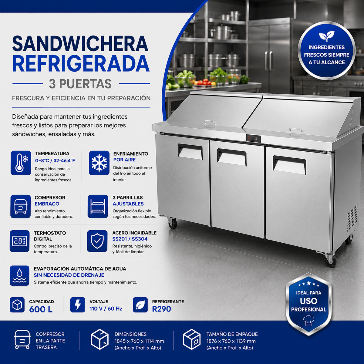 Mesa Estándar Sandwichera Refrigerada 3 Puertas 600L 110V/60Hz Acero Inoxidable Salad prep. Sandwich. SANDR-03