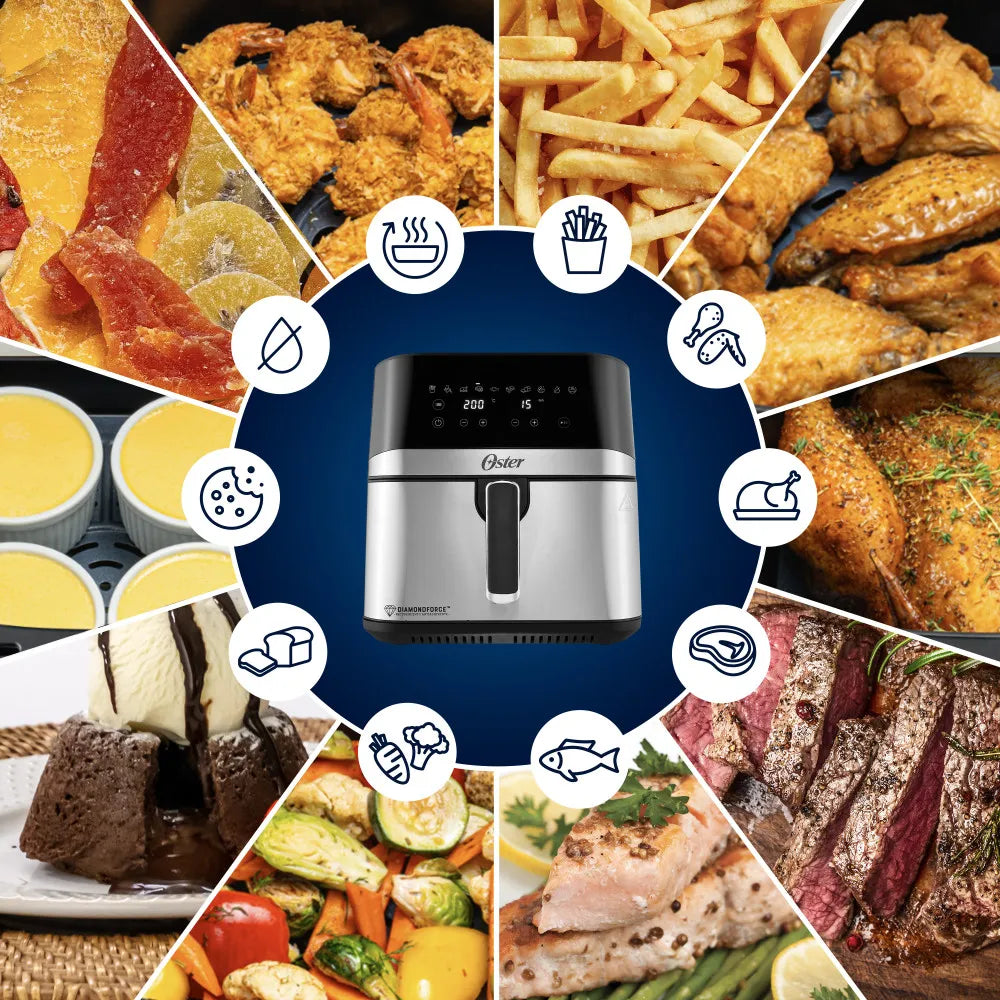 Freidora de Aire Manual Recubrimiento DiamondForce Ventana y Luz Interna 7.5L 1700W 10 Funciones en 1 Oster CKSTAF75WDSSDF