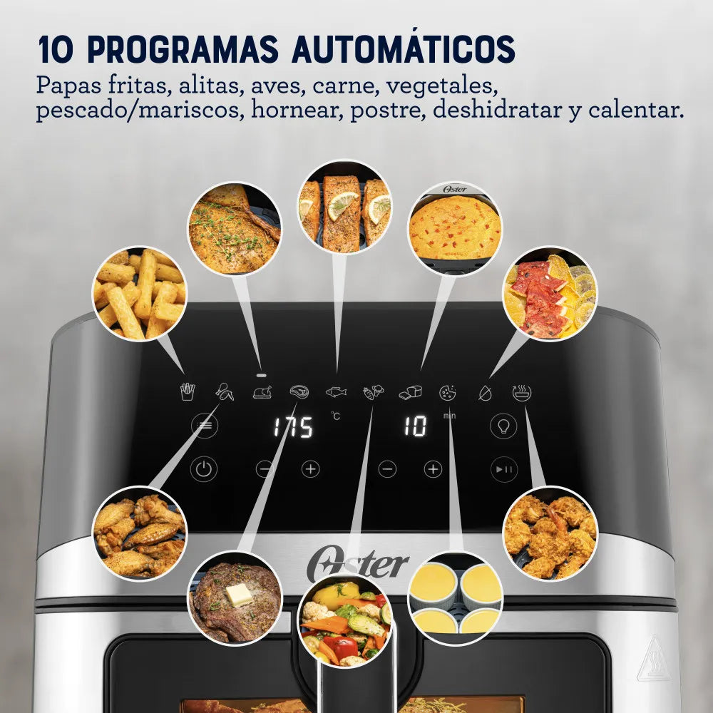 Freidora de Aire Manual Recubrimiento DiamondForce Ventana y Luz Interna 7.5L 1700W 10 Funciones en 1 Oster CKSTAF75WDSSDF