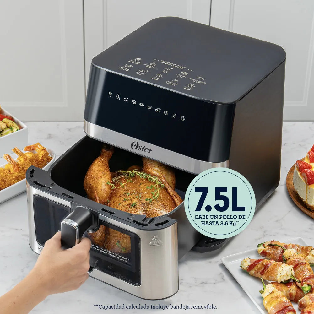 Freidora de Aire Manual Recubrimiento DiamondForce Ventana y Luz Interna 7.5L 1700W 10 Funciones en 1 Oster CKSTAF75WDSSDF