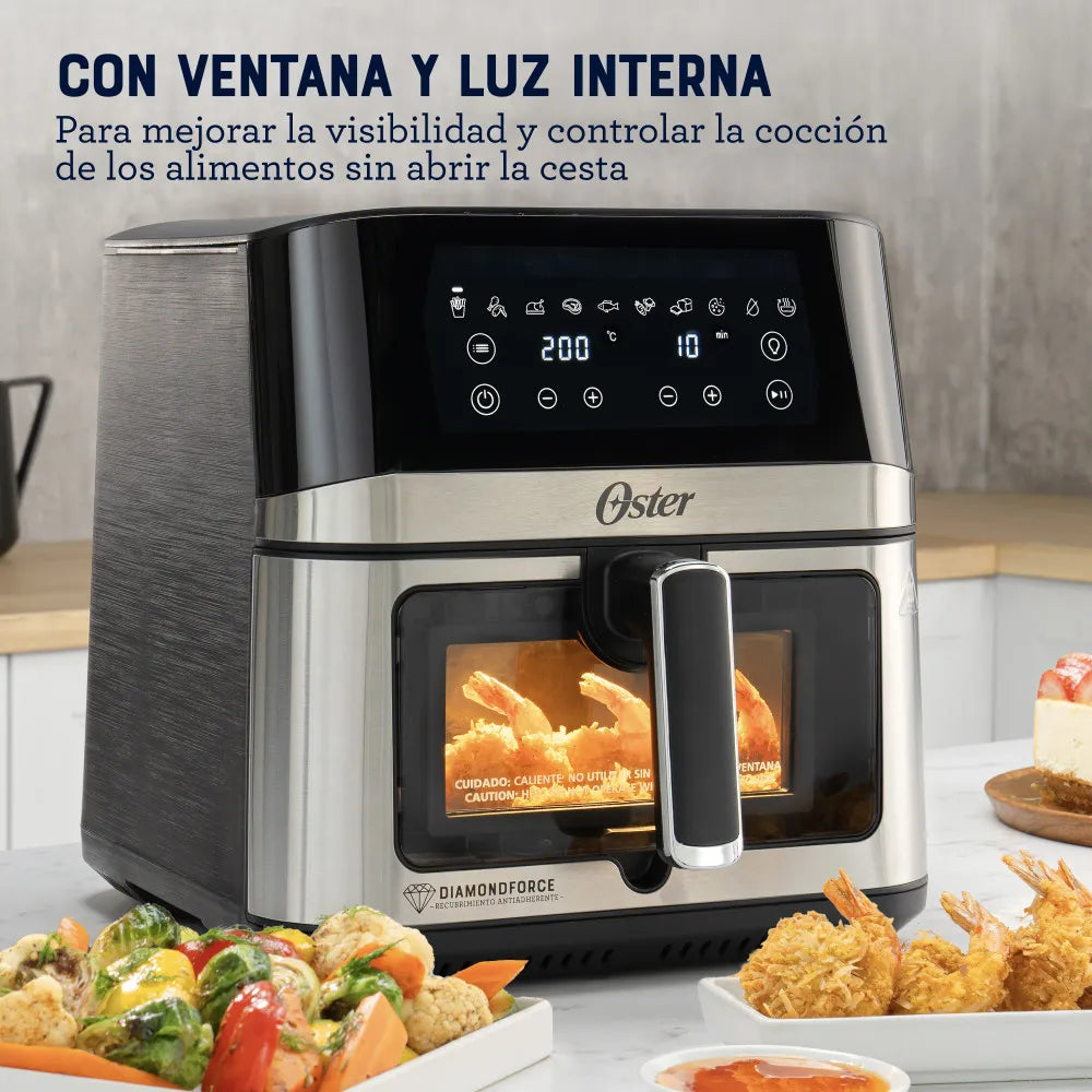 Freidora de Aire Manual Recubrimiento DiamondForce Ventana y Luz Interna 7.5L 1700W 10 Funciones en 1 Oster CKSTAF75WDSSDF