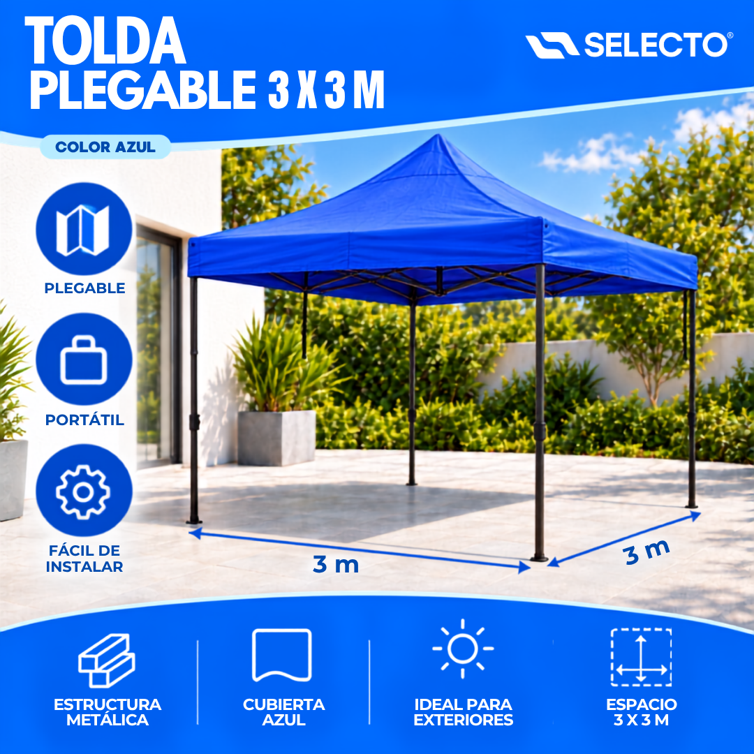 Tolda Carpa Plegable Gazebo 3x3 Metros Azul Portátil para Exteriores HS-PTJG-033BL