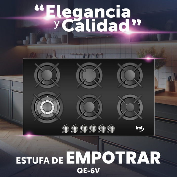 Estufa Empotrable de 6 Quemadores de Vidrio Templado Negro IML QE-6V